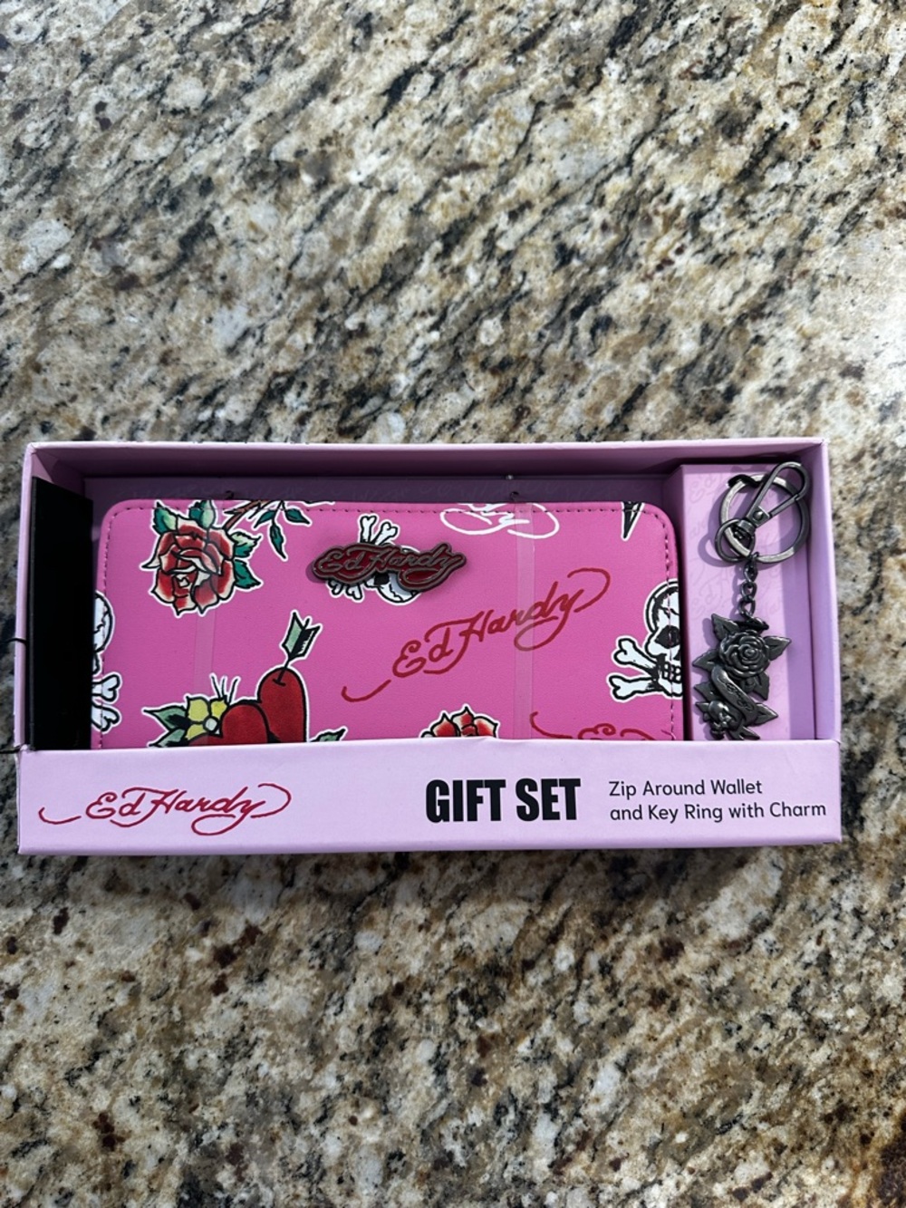 Ed Hardy Pink Floral Tattoo Zip Wallet with Rose Charm